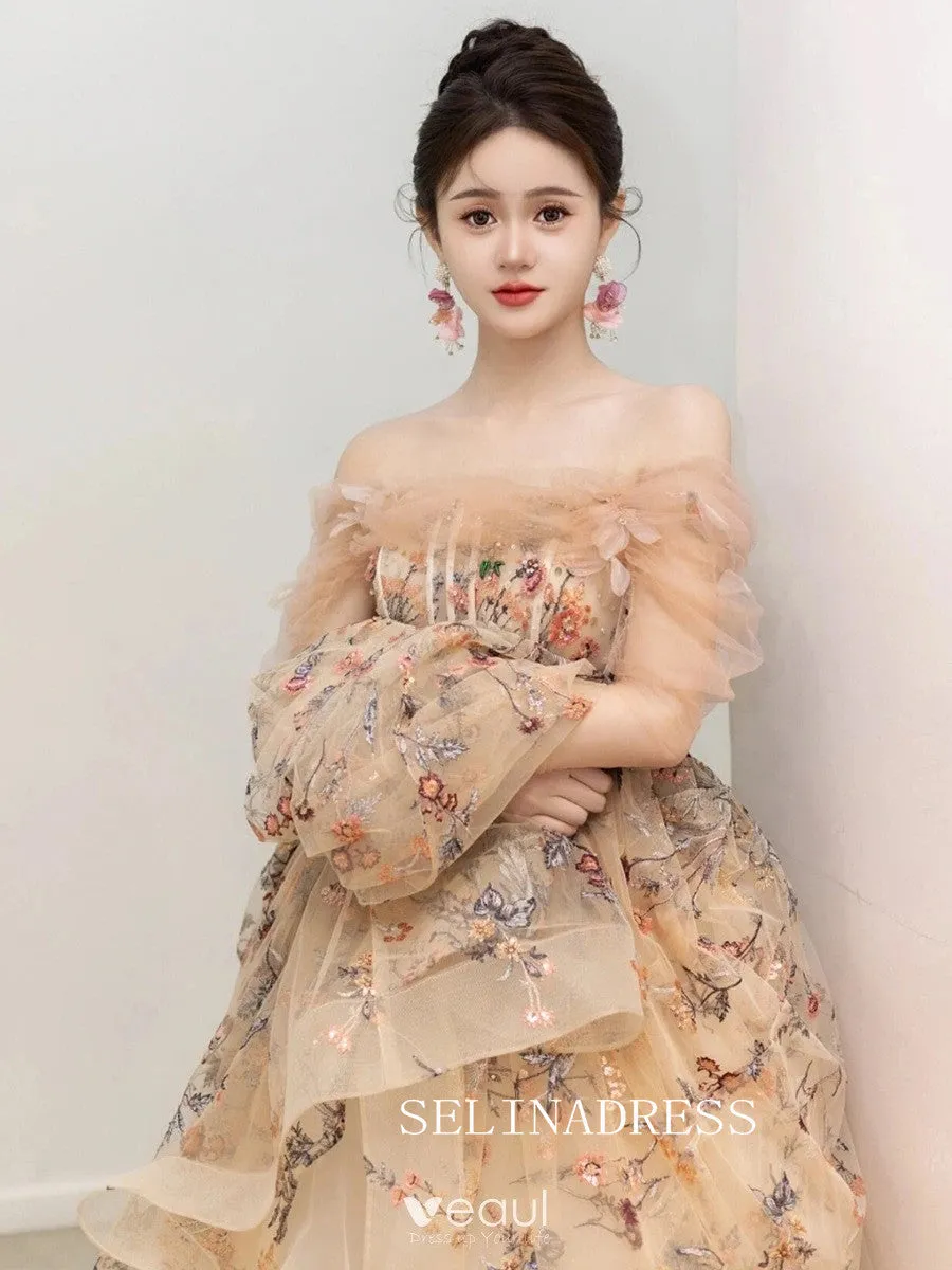 Champagne Off-The-Shoulder Floral Long Sleeve Prom Dress Flower Formal Dresses TKL2107