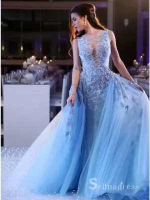 Chic A-line Bateau Light Sky Blue Long Prom Dresses Lace Applique Evening Gowns MHL165