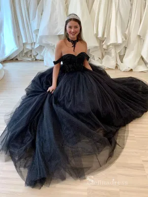 Chic A-line Off-the-shoulder Long Prom Dresses Black Wedding Dress MLK022