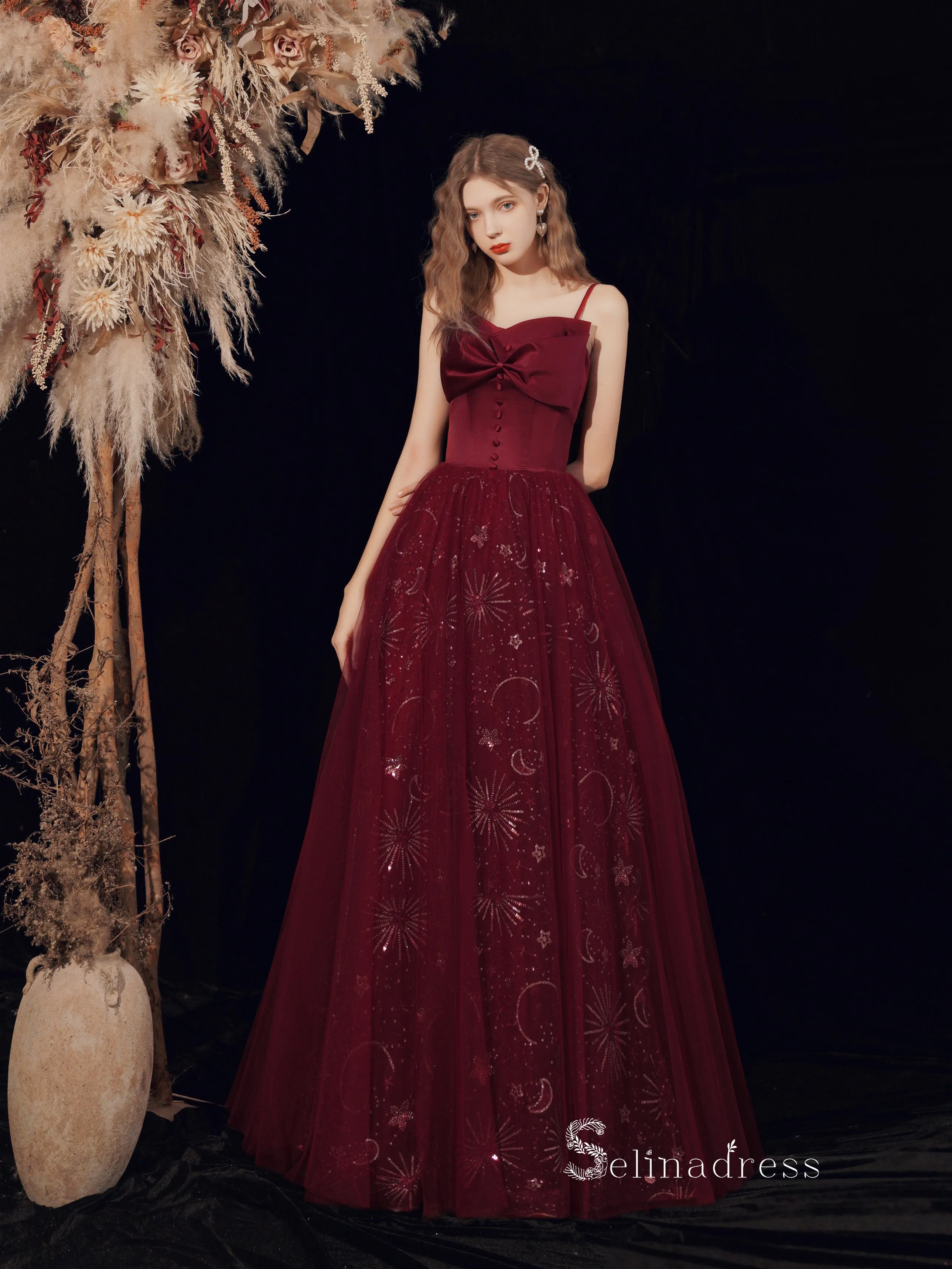 Chic A-line Spaghetti Straps Burgundy Long Prom Dresses With Bow Graduaciones Dress CBD110