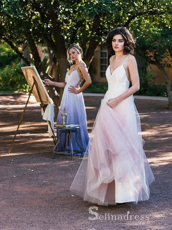 Chic A-line Spaghetti Straps Ombre Long Prom Dresses Cheap Evening Dress CBD399
