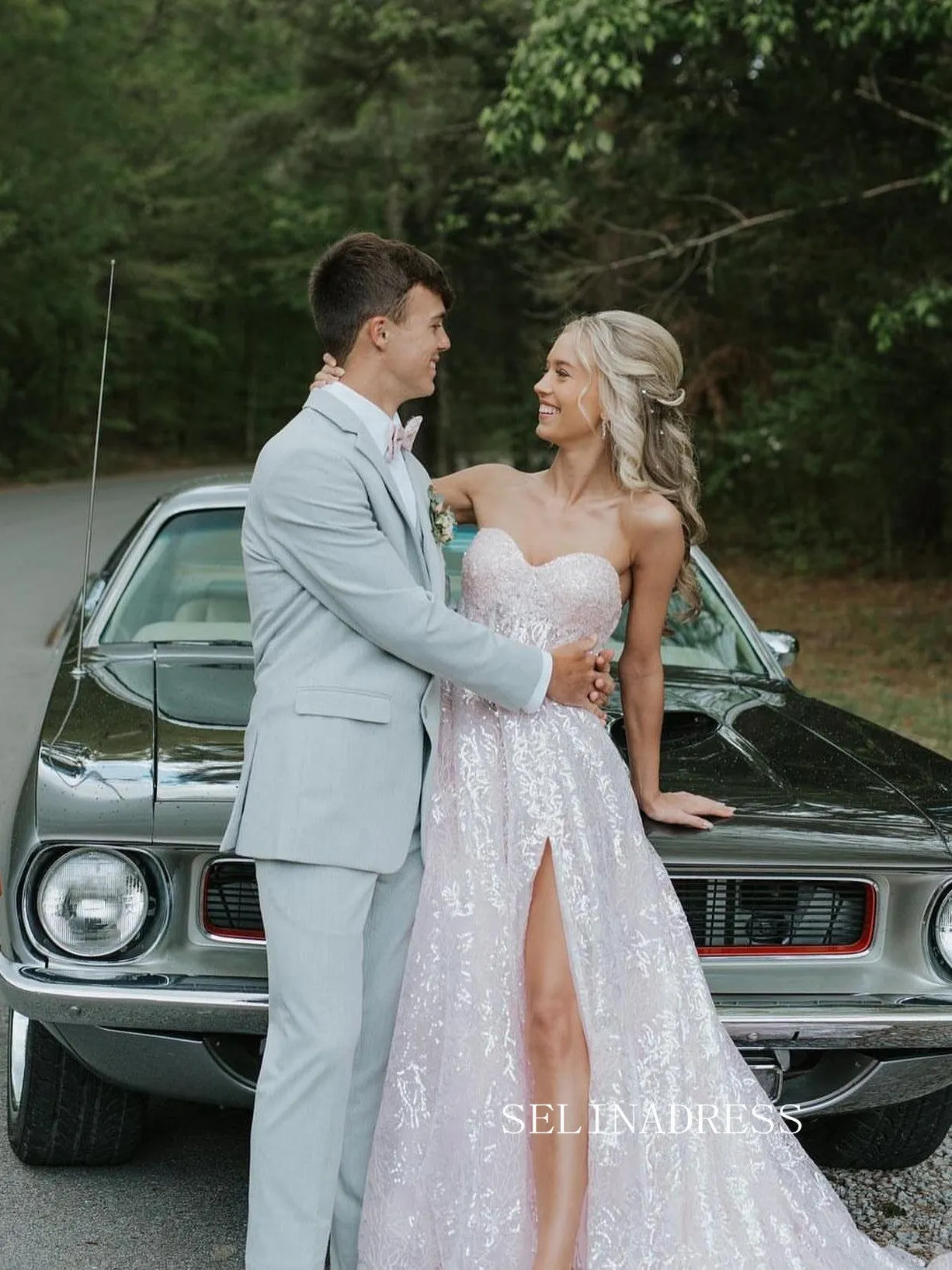 Chic A-line Sweetheart Lace Long Prom Dress Pink Elegant Evening Dress #kop140