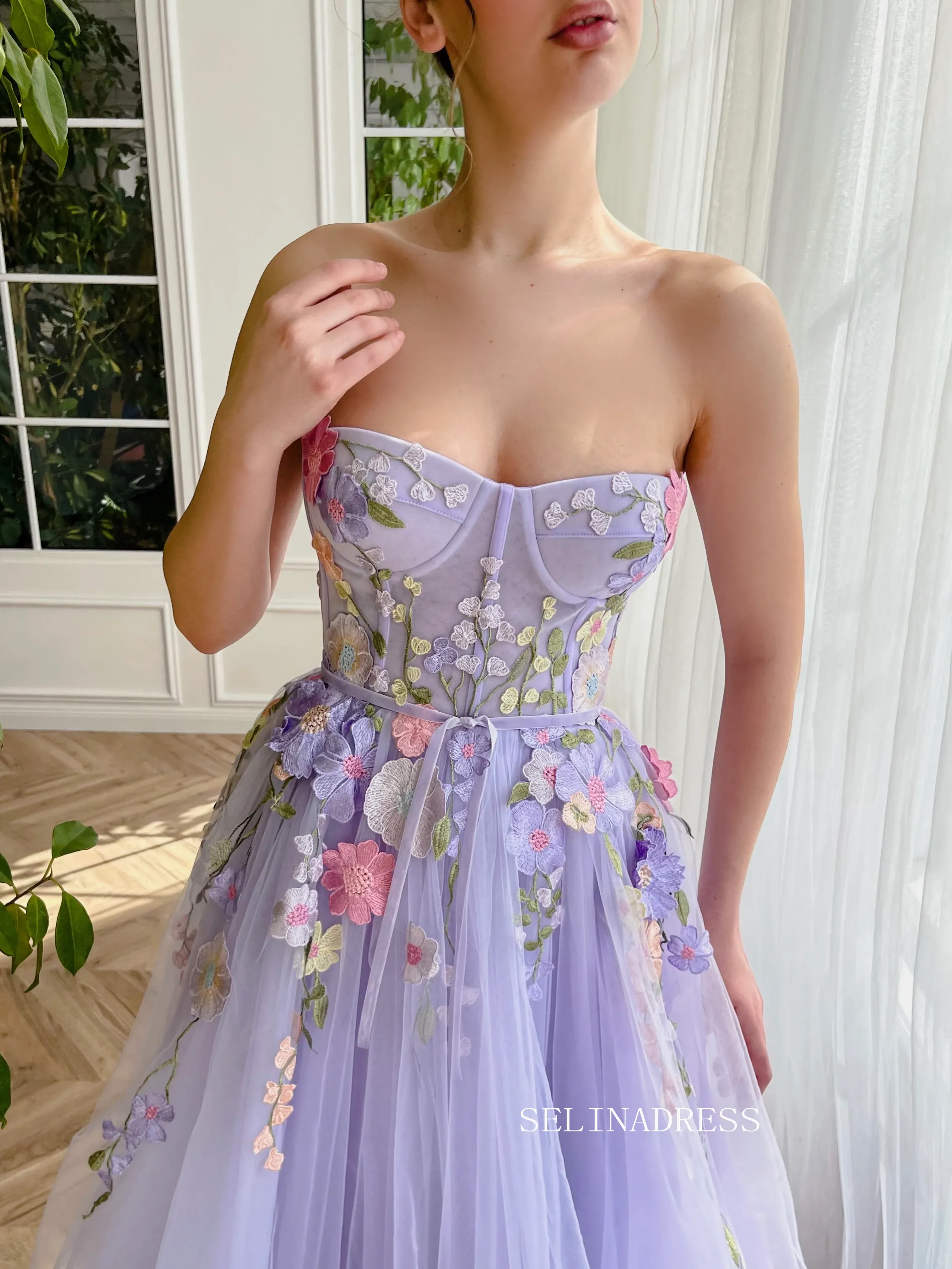 Chic A-line Sweetheart Lavender Long Prom Dress Elegant Floral Evening Gown #OPW030