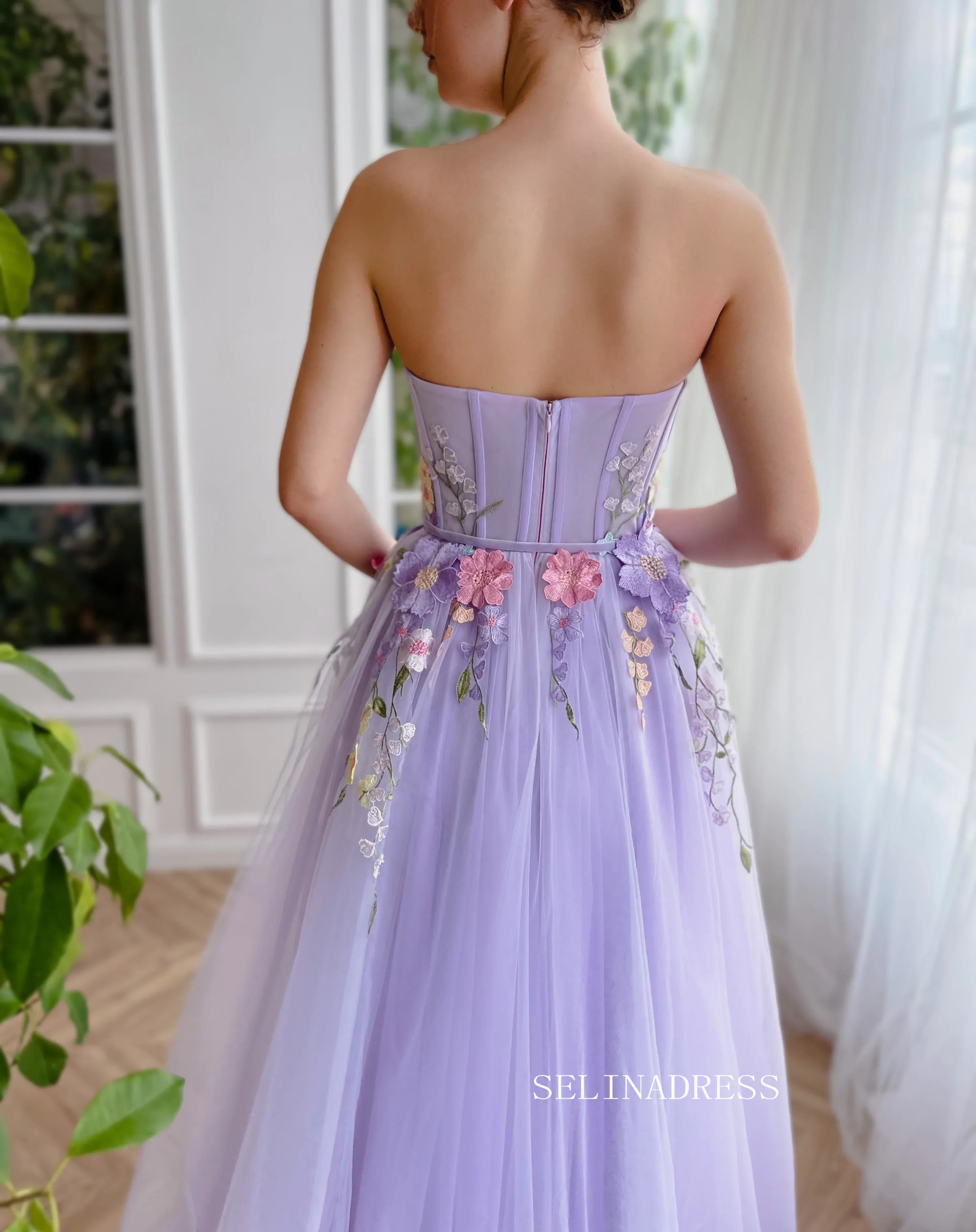 Chic A-line Sweetheart Lavender Long Prom Dress Elegant Floral Evening Gown #OPW030