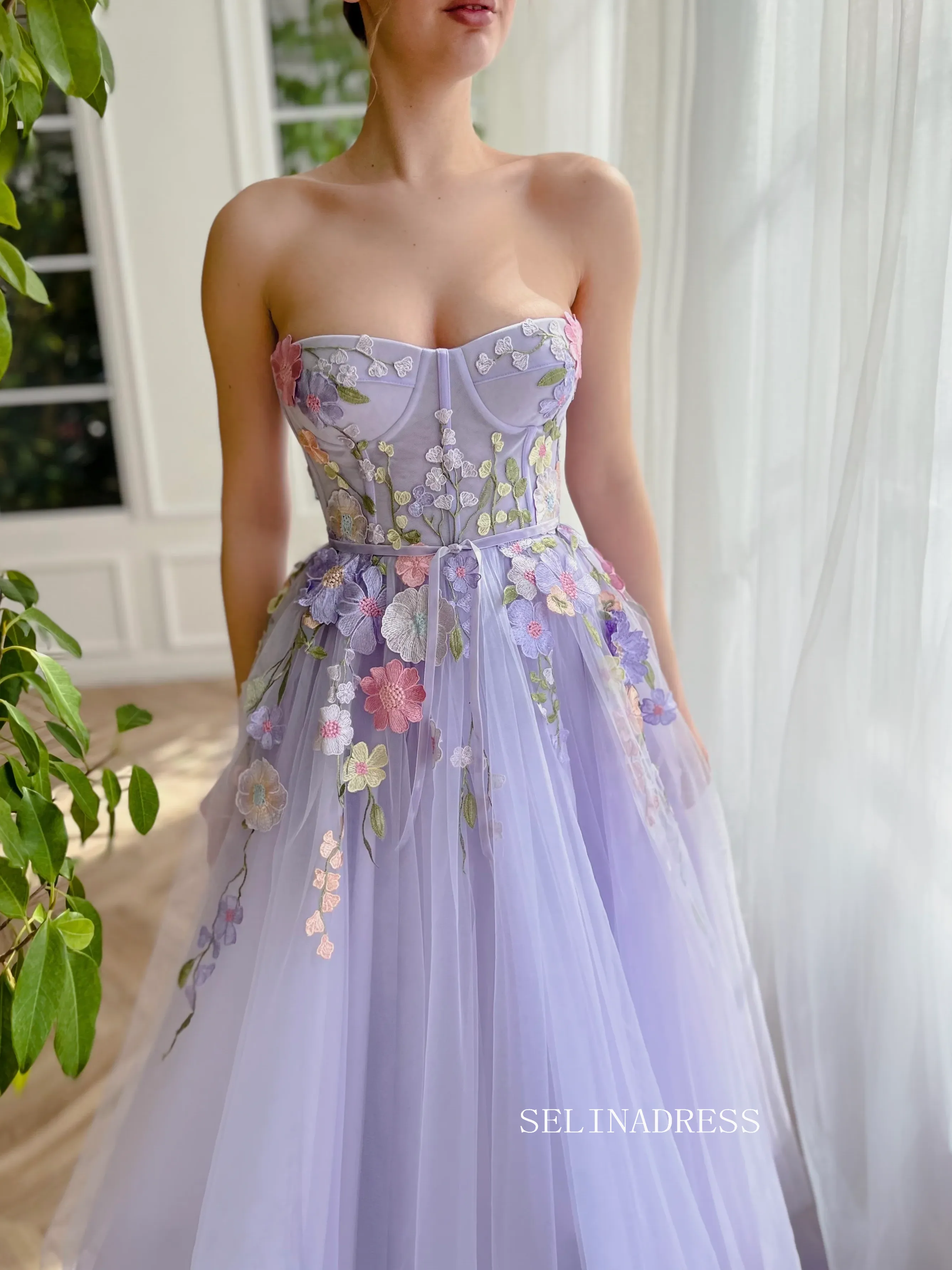 Chic A-line Sweetheart Lavender Long Prom Dress Elegant Floral Evening Gown #OPW030