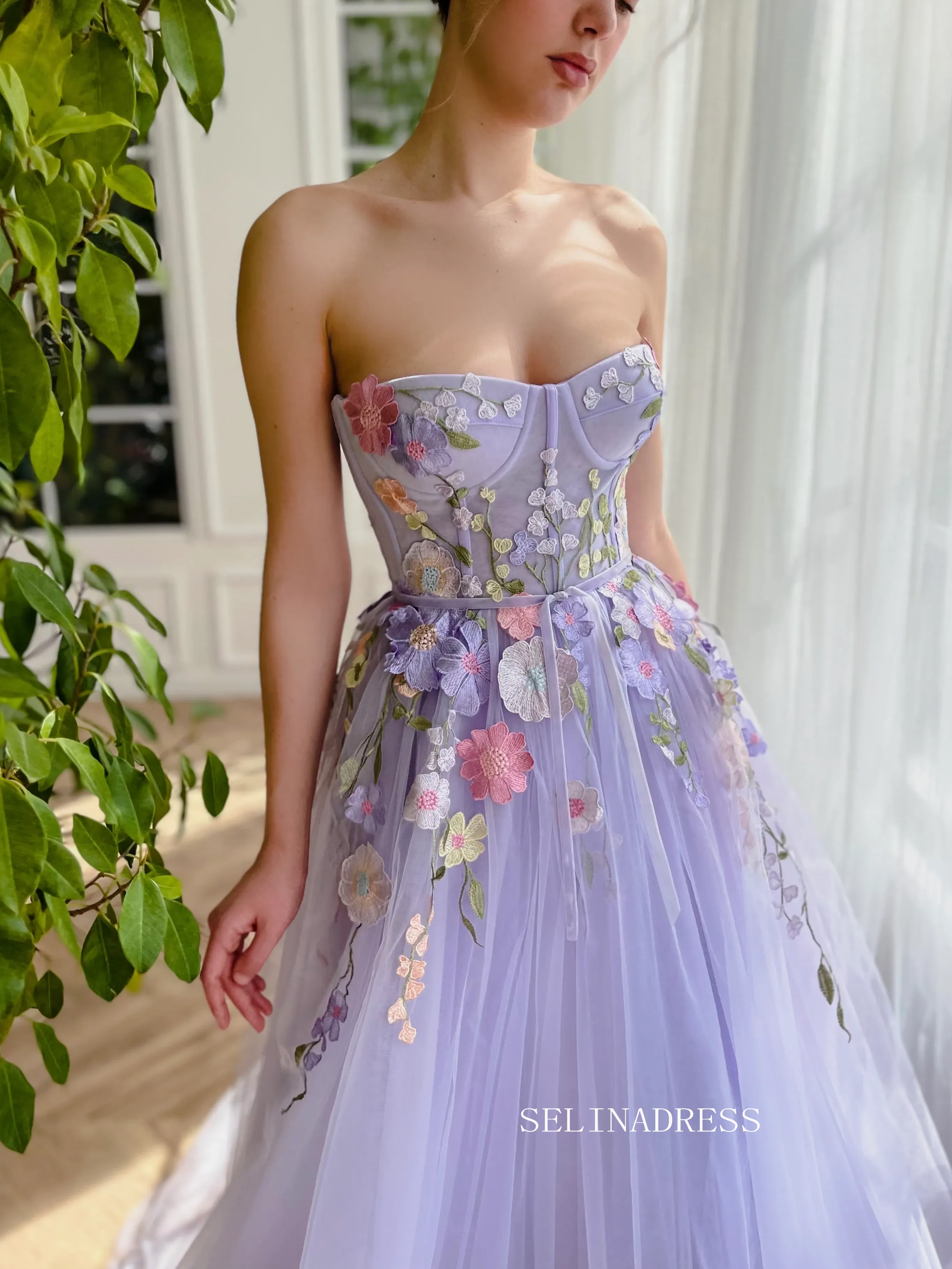 Chic A-line Sweetheart Lavender Long Prom Dress Elegant Floral Evening Gown #OPW030