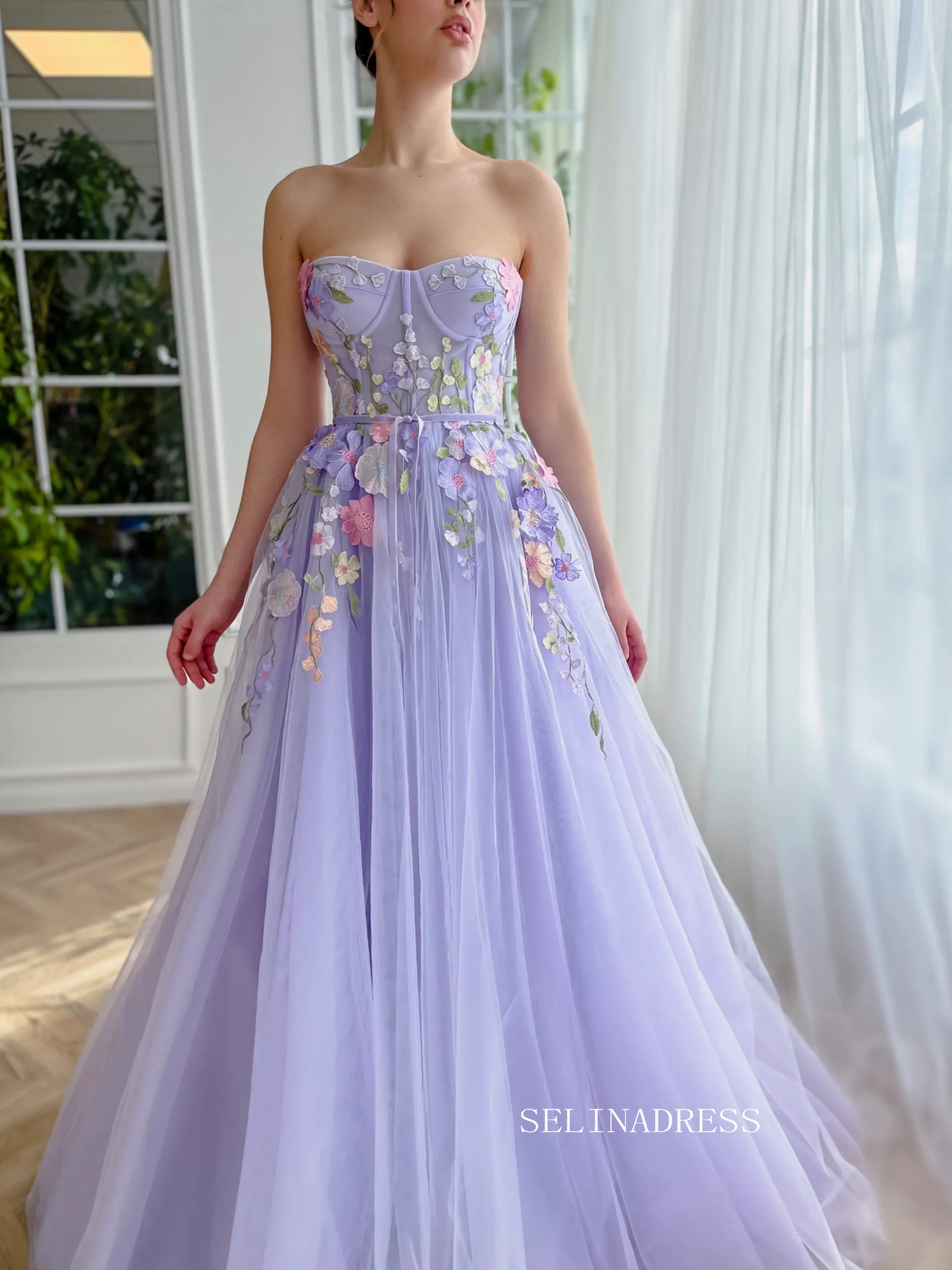 Chic A-line Sweetheart Lavender Long Prom Dress Elegant Floral Evening Gown #OPW030