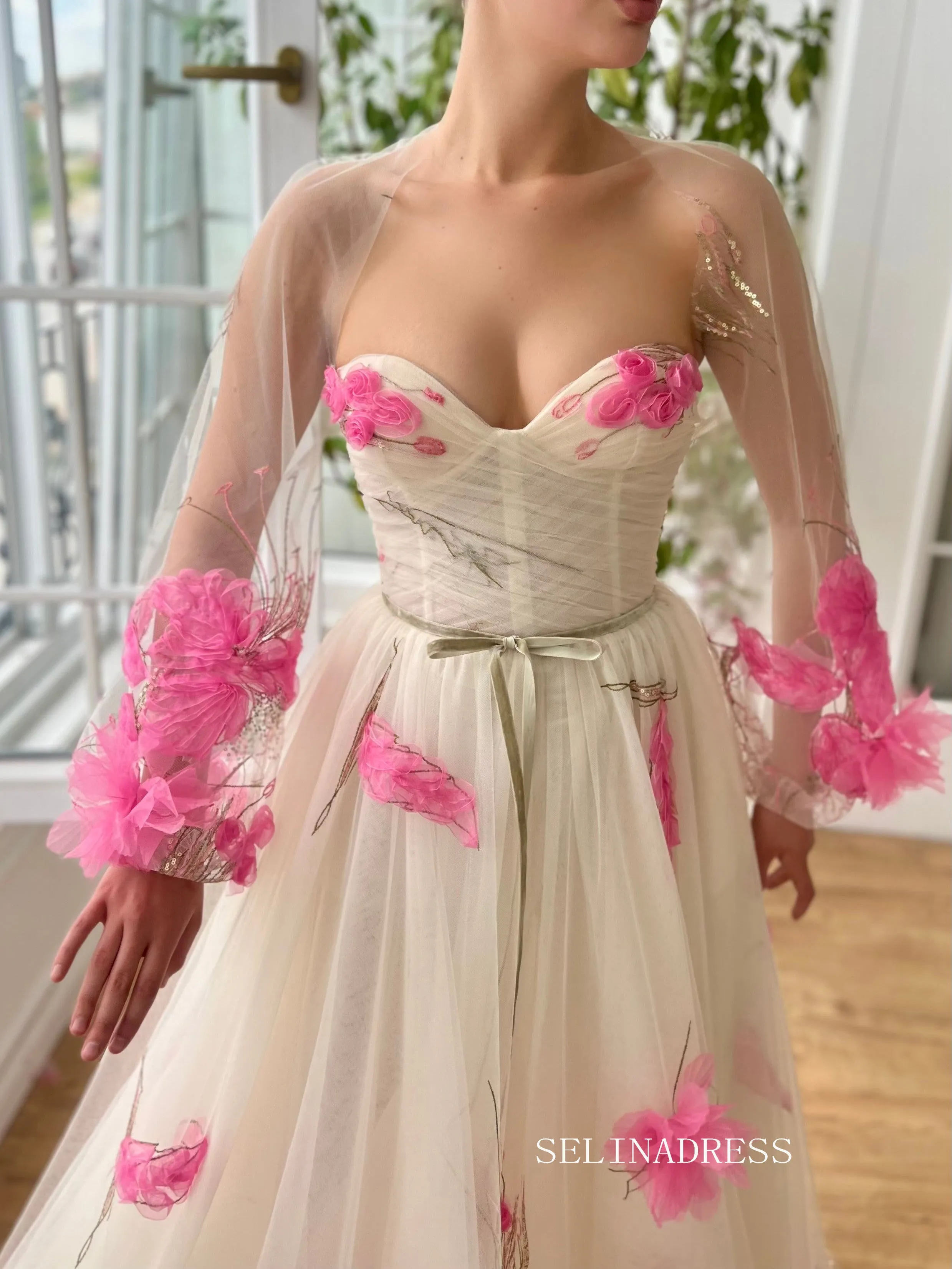 Chic A line Sweetheart Long Prom Dress Pink Flower Party Dress With Shawls JKL3122
