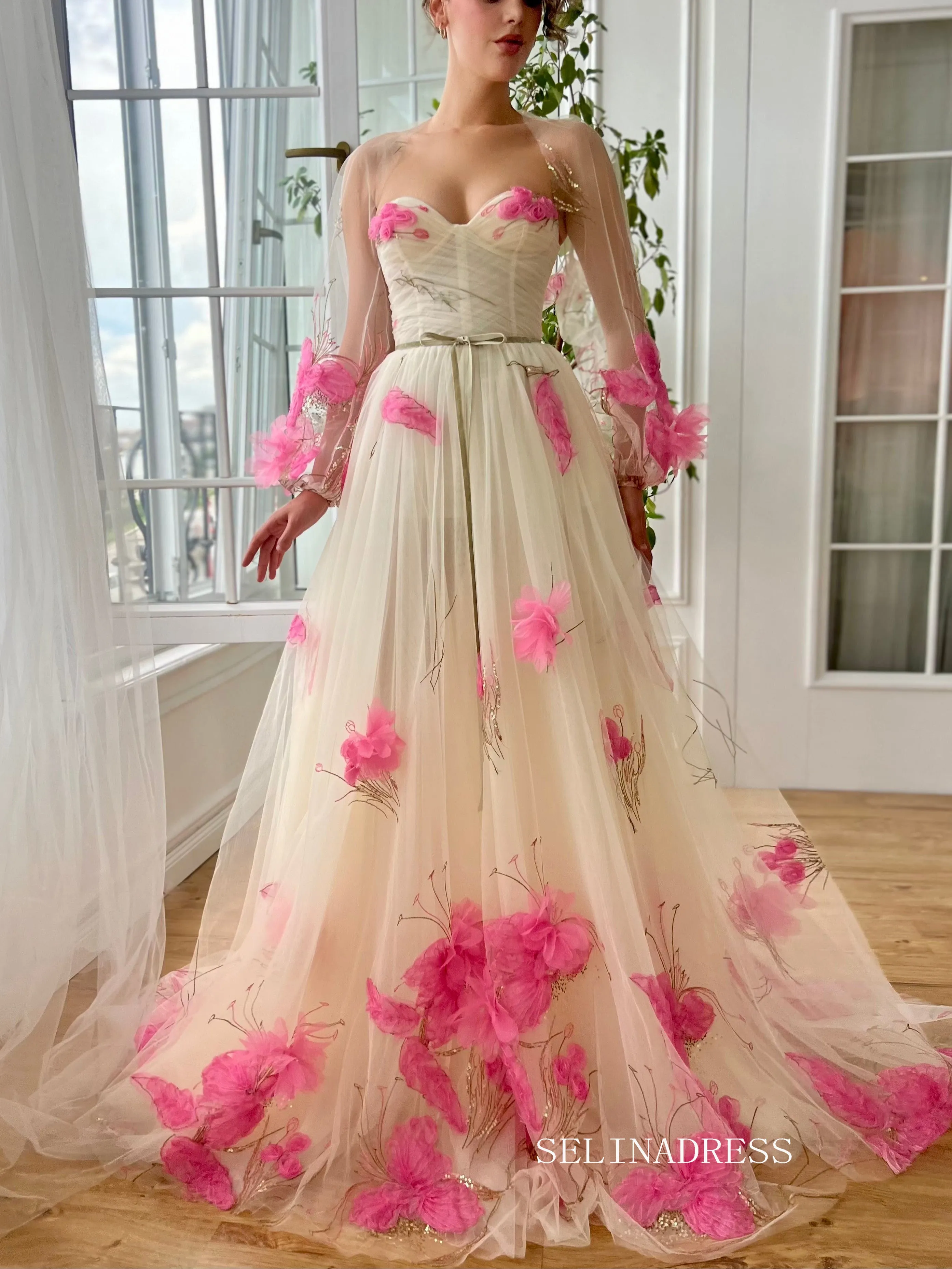 Chic A line Sweetheart Long Prom Dress Pink Flower Party Dress With Shawls JKL3122