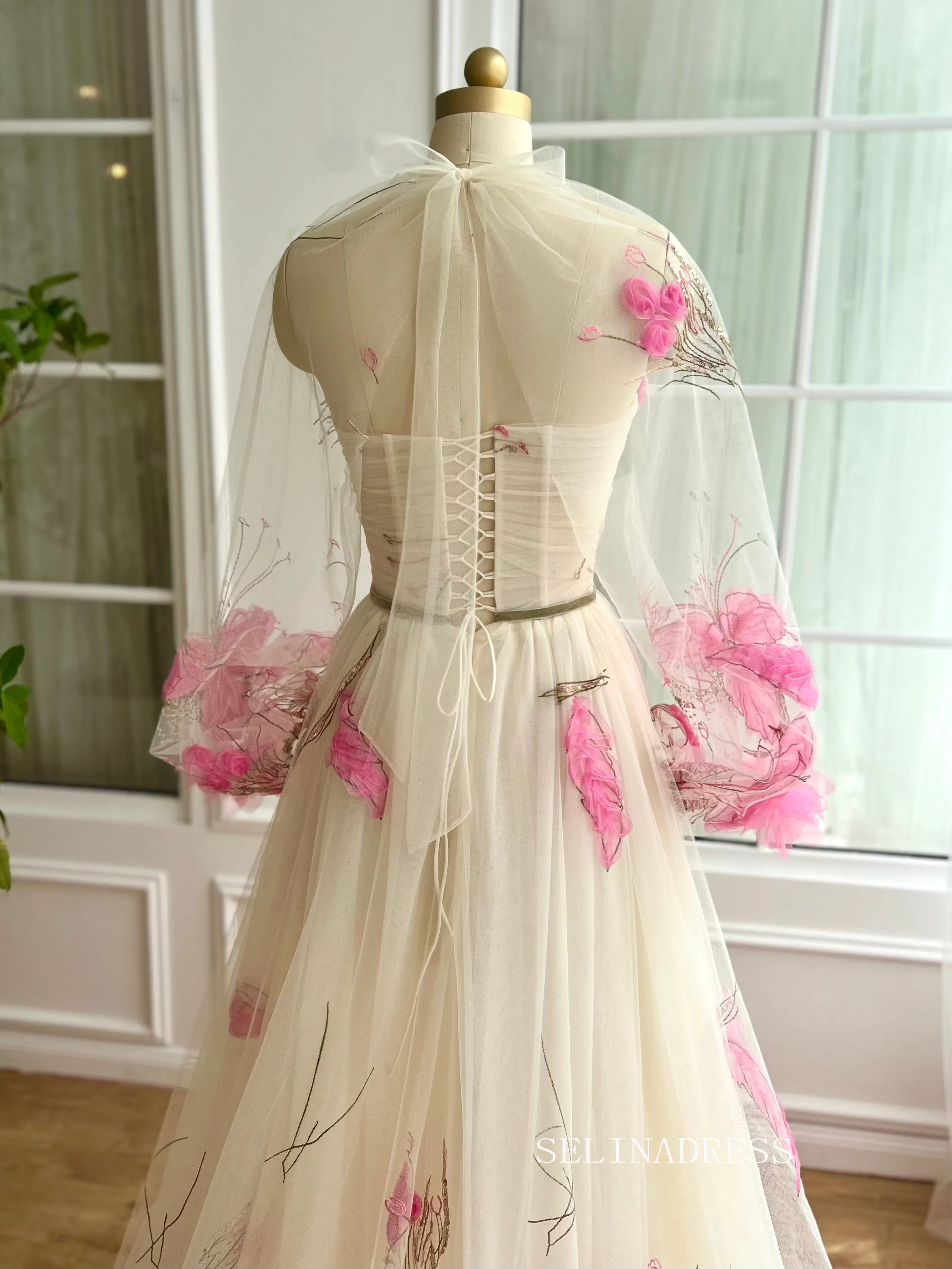 Chic A line Sweetheart Long Prom Dress Pink Flower Party Dress With Shawls JKL3122