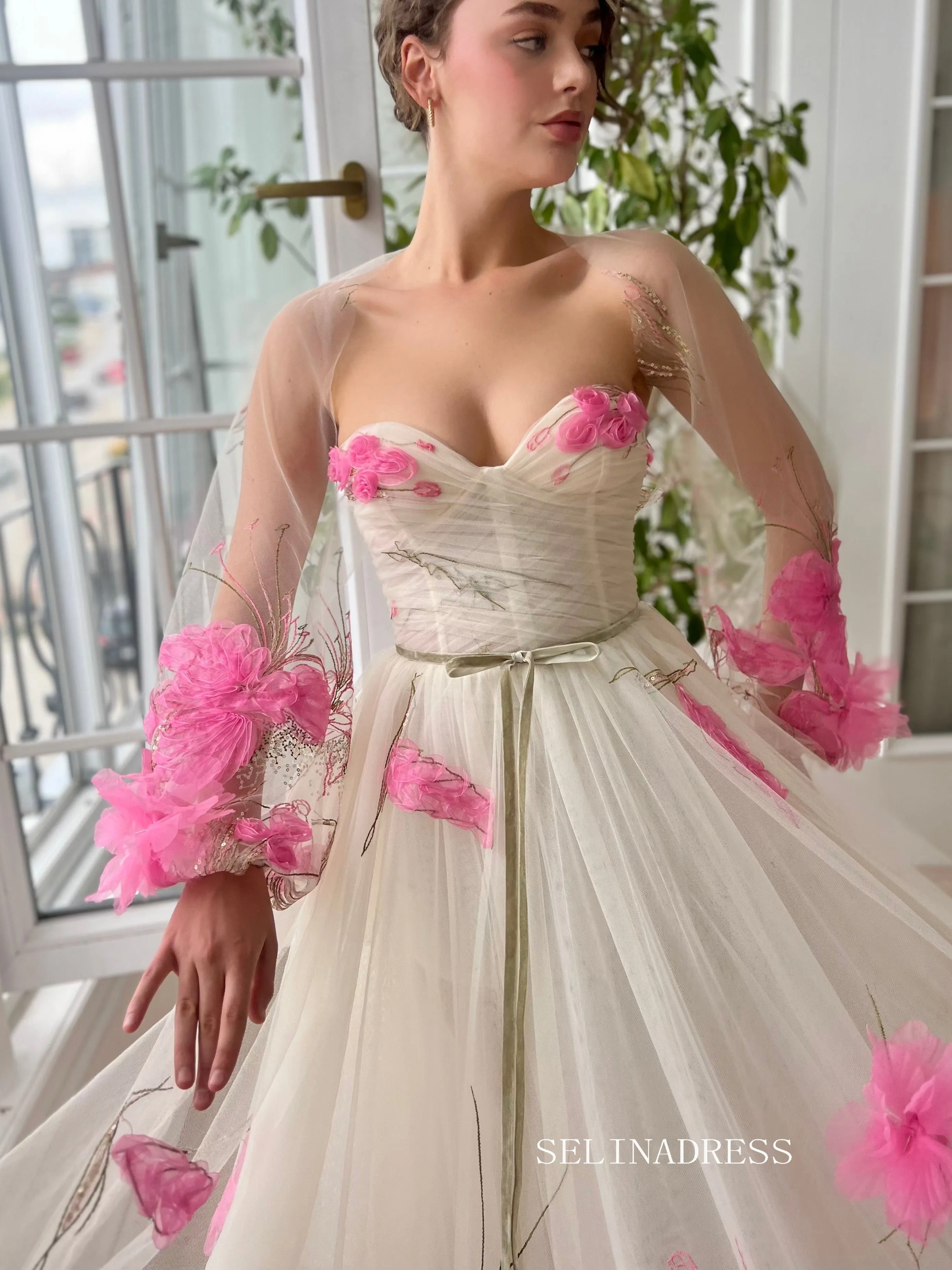 Chic A line Sweetheart Long Prom Dress Pink Flower Party Dress With Shawls JKL3122