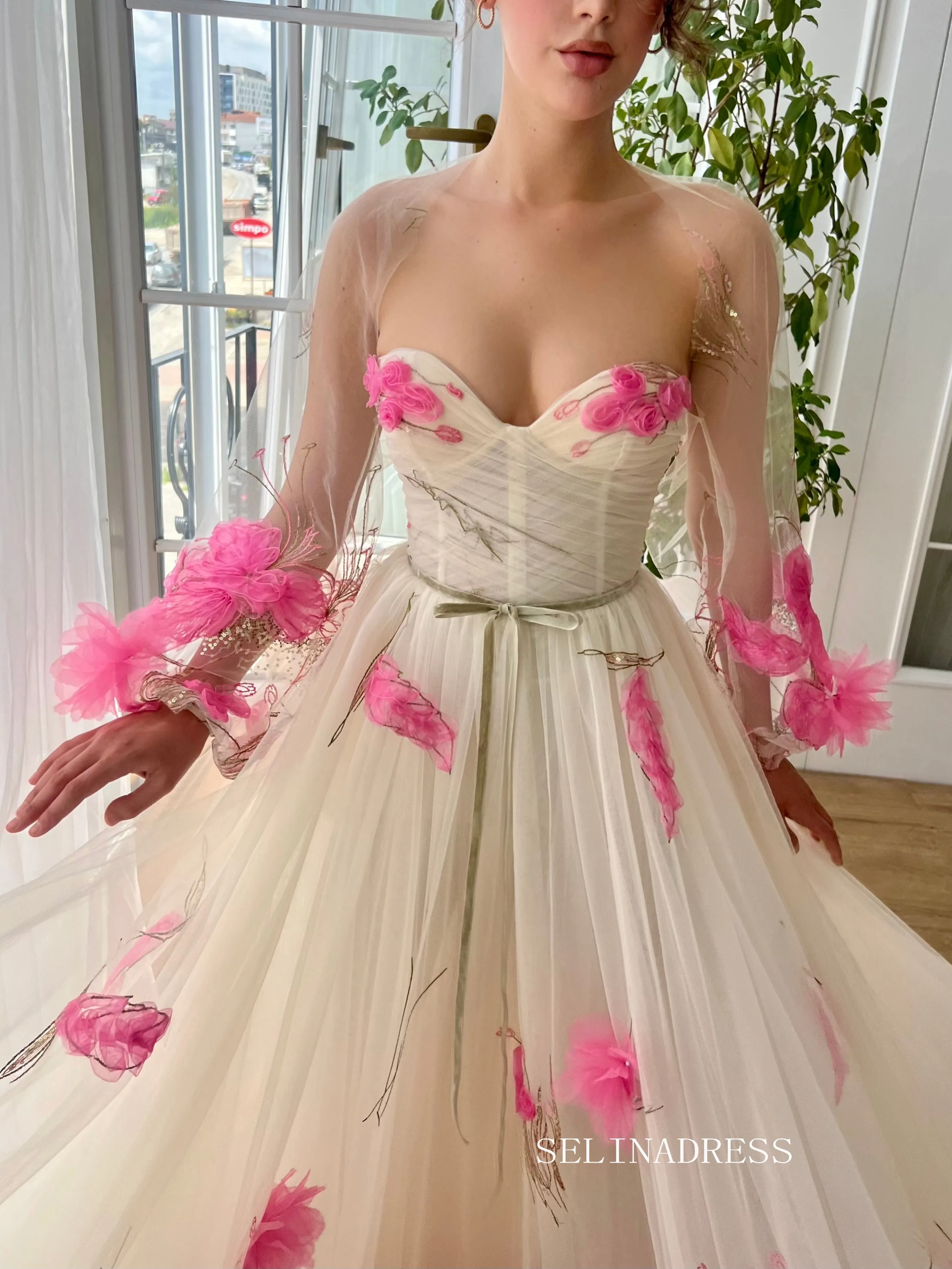 Chic A line Sweetheart Long Prom Dress Pink Flower Party Dress With Shawls JKL3122