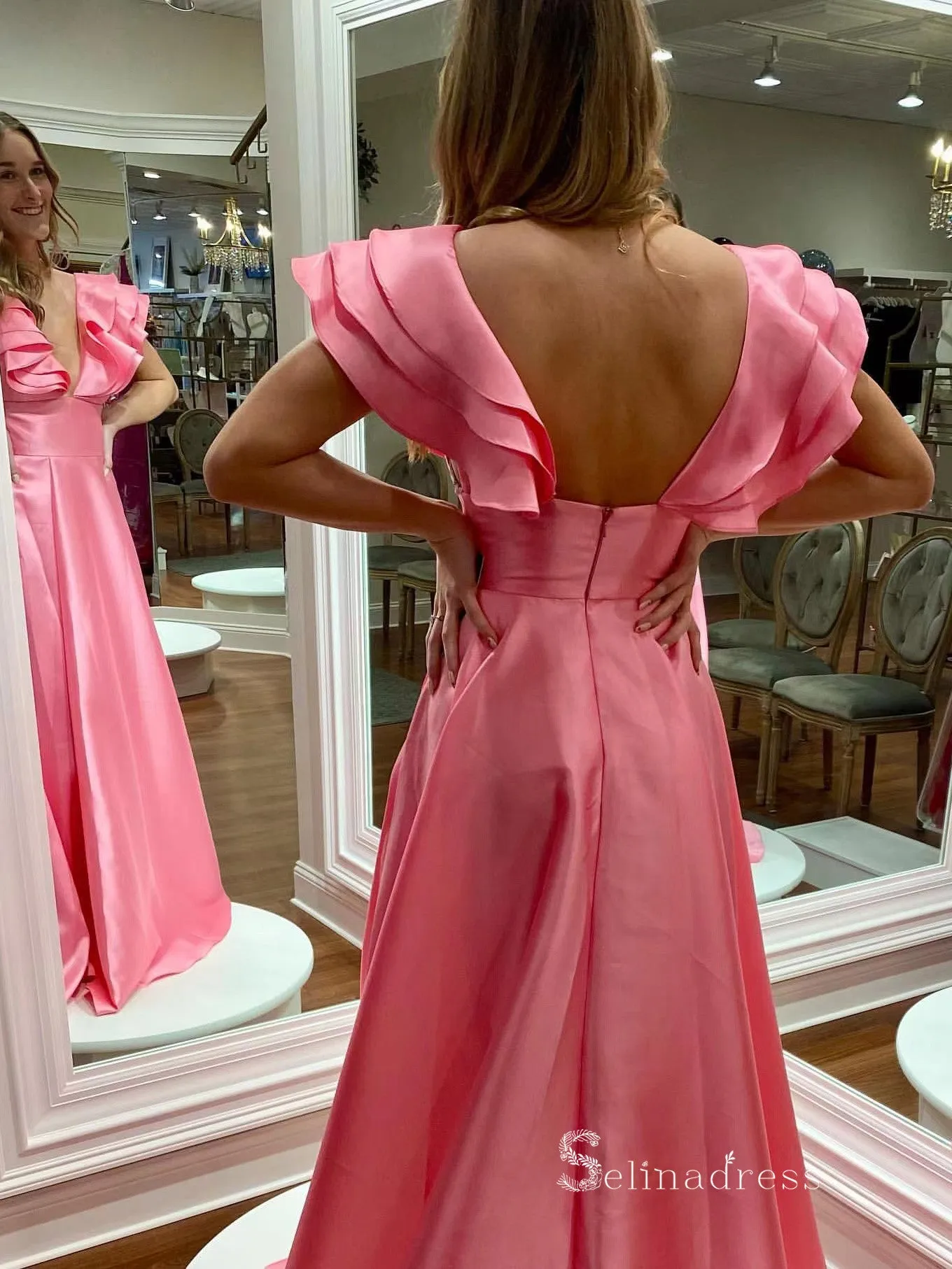 Chic A-line V neck Pink Long Prom Dresses Unique Cheap Evening Gowns MLK036