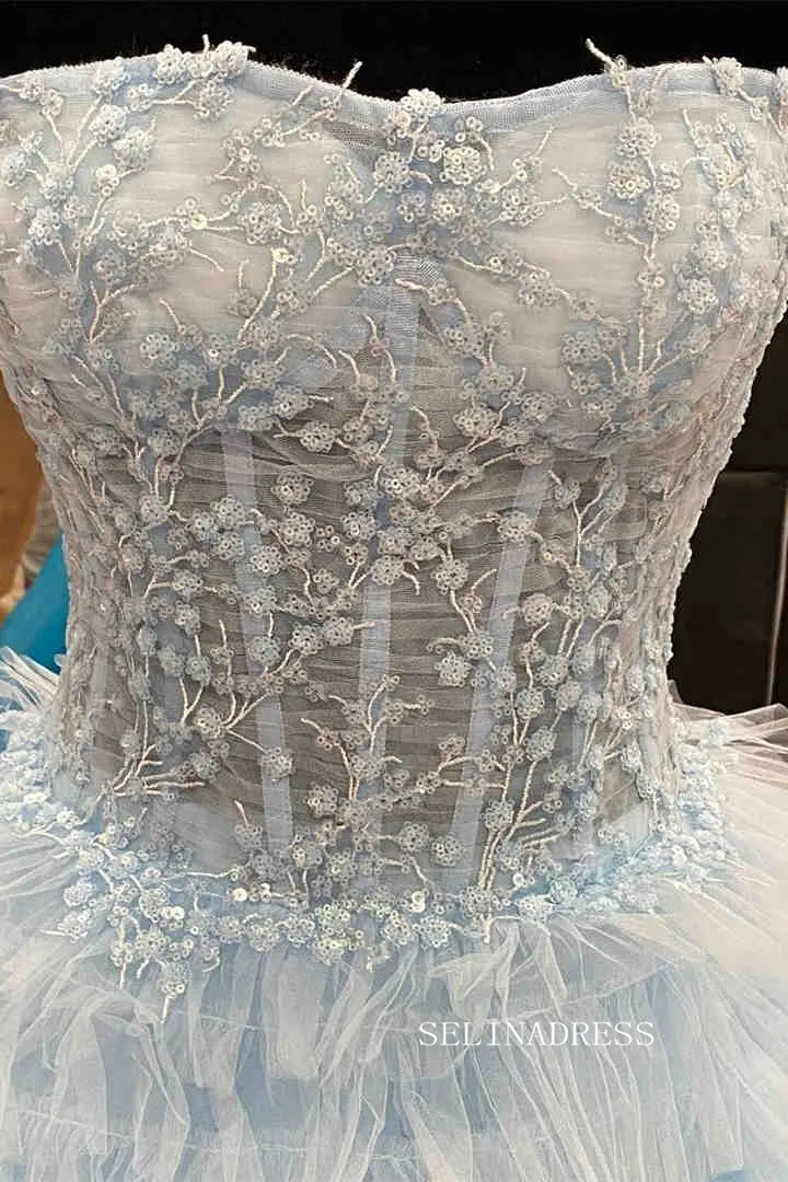 Chic Ball Gown Strapless Light Sky Blue Long Prom Dresses Evening Dresses MLH2011