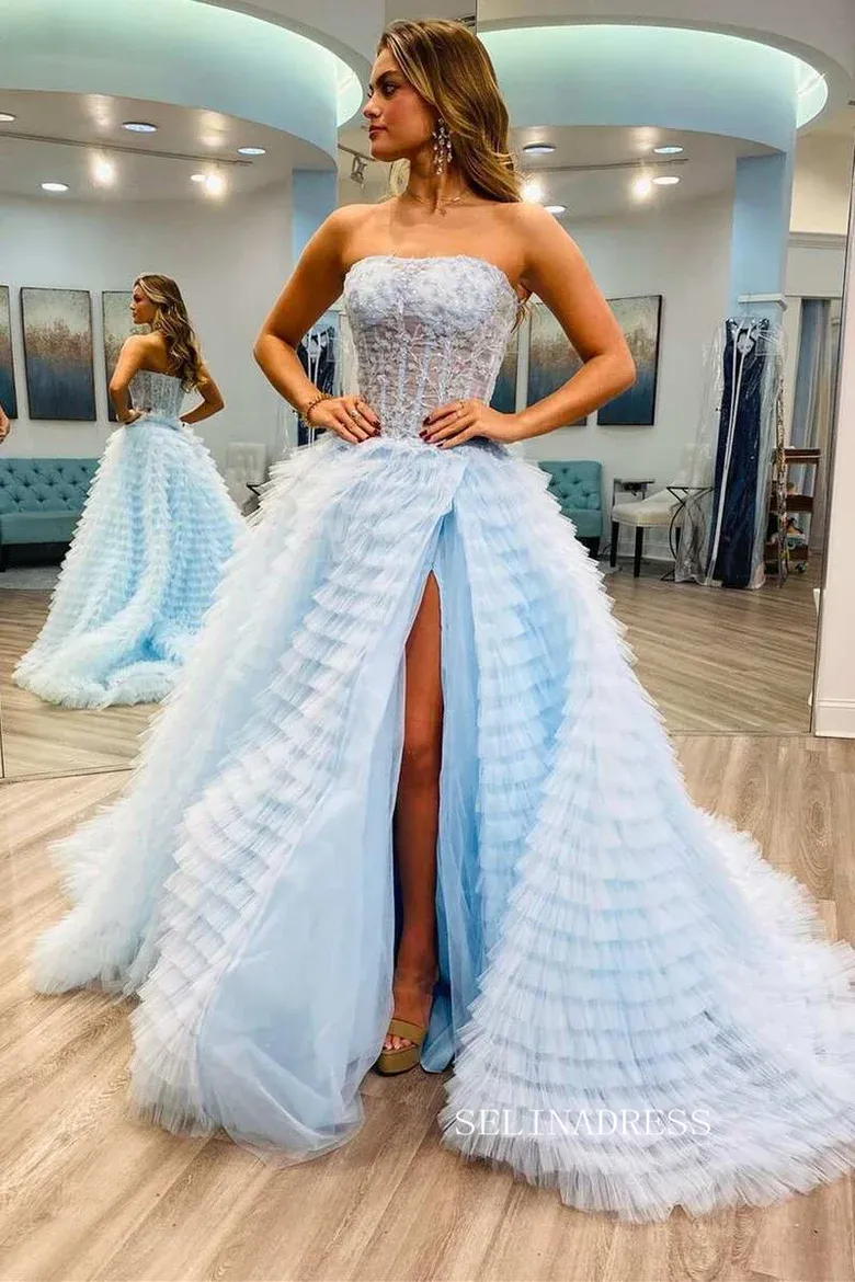 Chic Ball Gown Strapless Light Sky Blue Long Prom Dresses Evening Dresses MLH2011