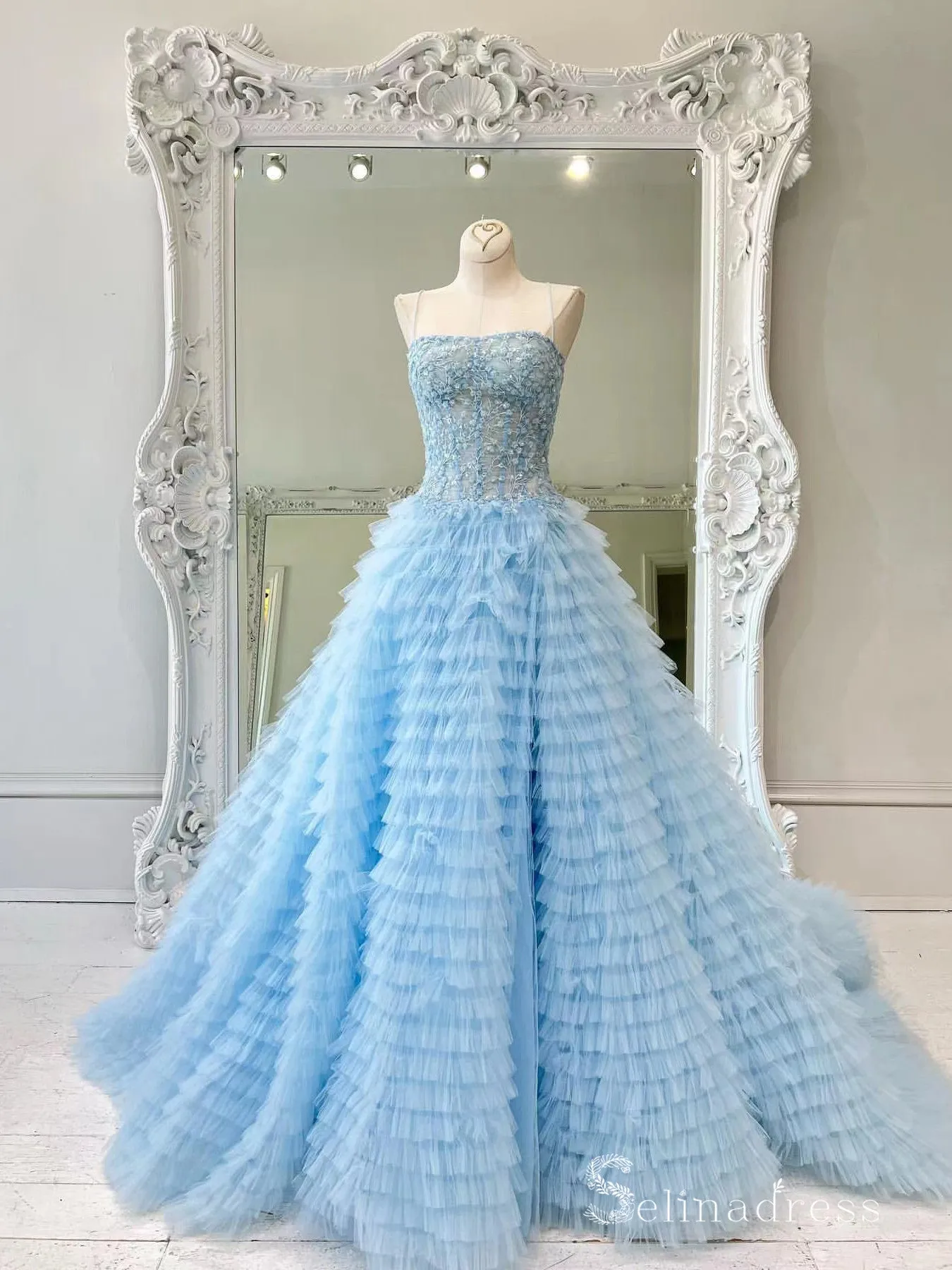Chic Ball Gown Strapless Light Sky Blue Long Prom Dresses Evening Dresses MLH2011