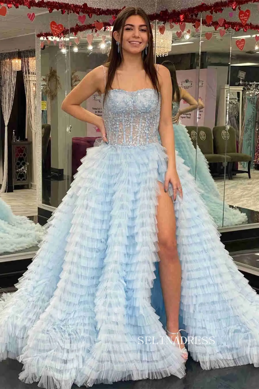 Chic Ball Gown Strapless Light Sky Blue Long Prom Dresses Evening Dresses MLH2011