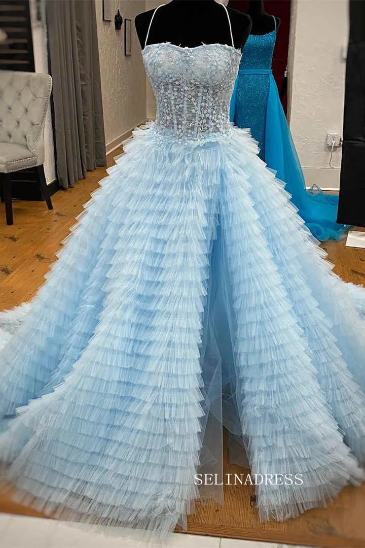 Chic Ball Gown Strapless Light Sky Blue Long Prom Dresses Evening Dresses MLH2011