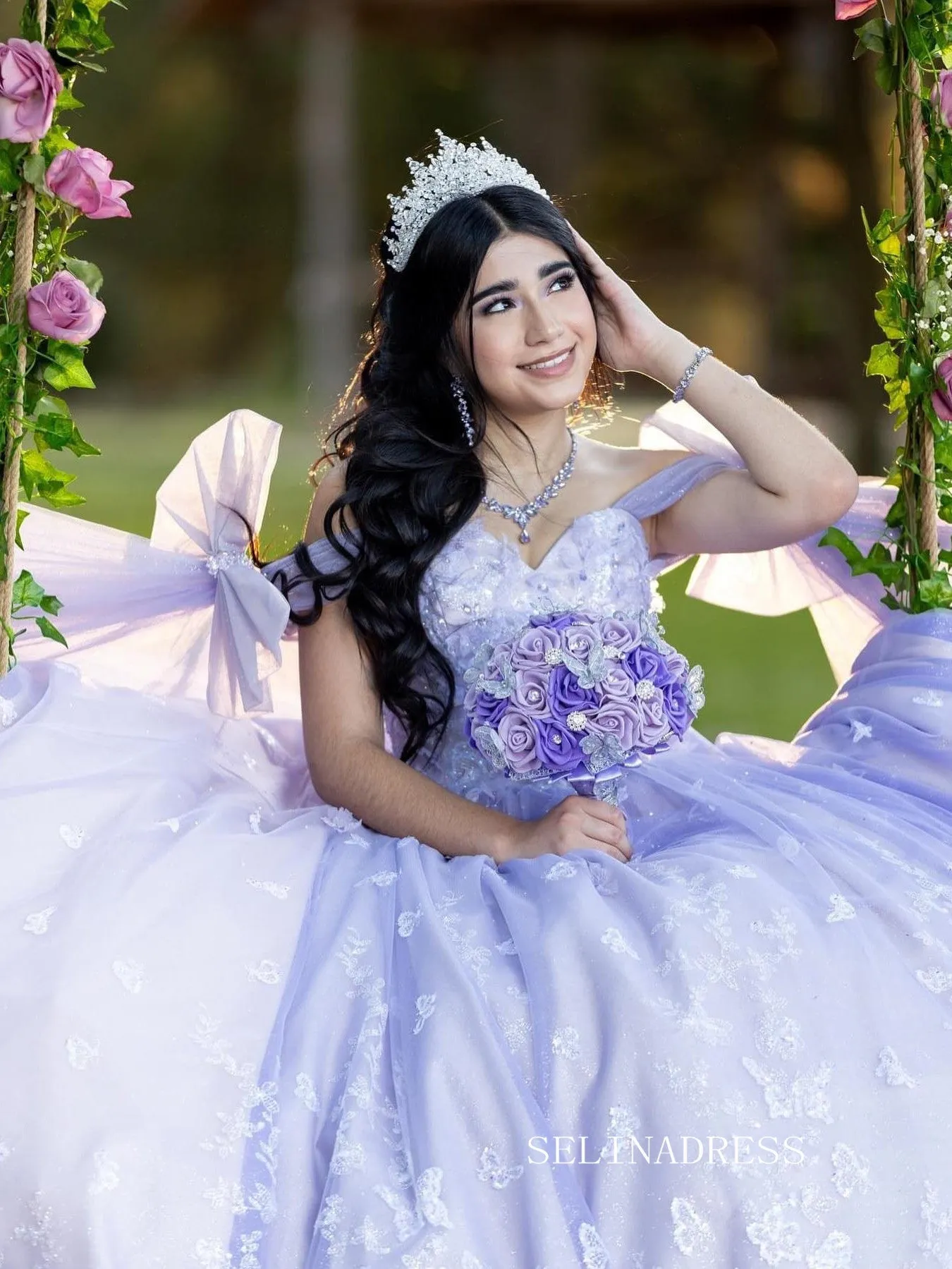 Chic Beautiful Lilac Ball Gown Wedding Dresses Lace Quincedress Evening Formal Gowns LPK106