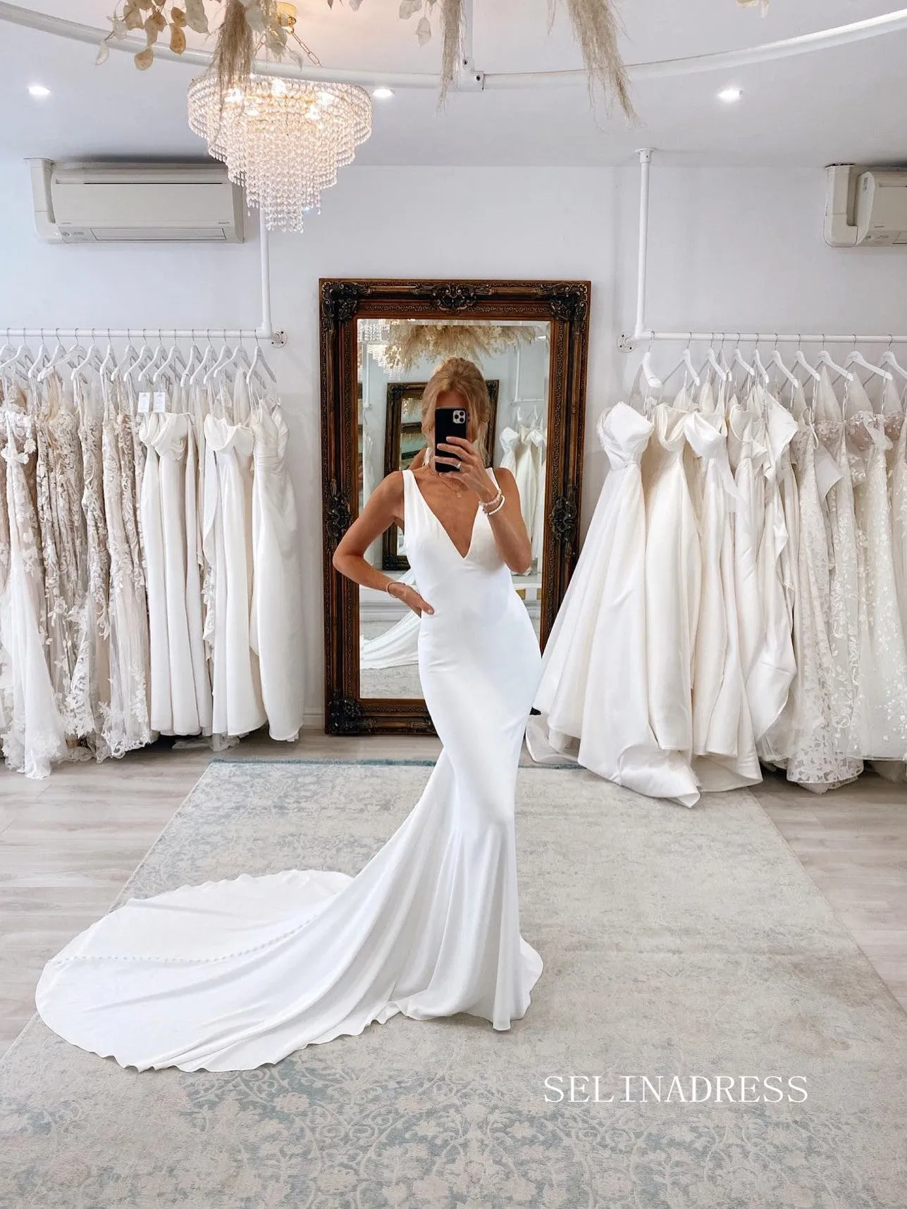 Chic Mermaid Deep V neck White Wedding Dress Rustic Bridal Dresses lpk125