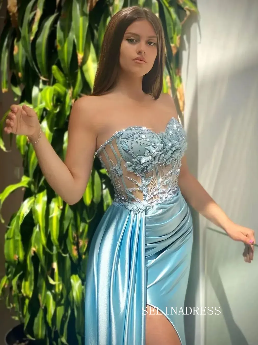 Chic Mermaid Light Sky Blue Long Prom Dresses Elegant Evening Dress sew0217