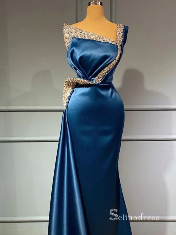 Chic Mermaid One Shoulder Long Prom Dresses Cheap Satin Evening Dresses MLH1203