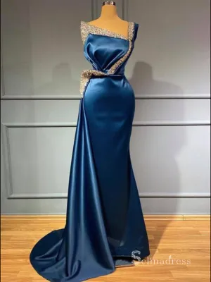 Chic Mermaid One Shoulder Long Prom Dresses Cheap Satin Evening Dresses MLH1203