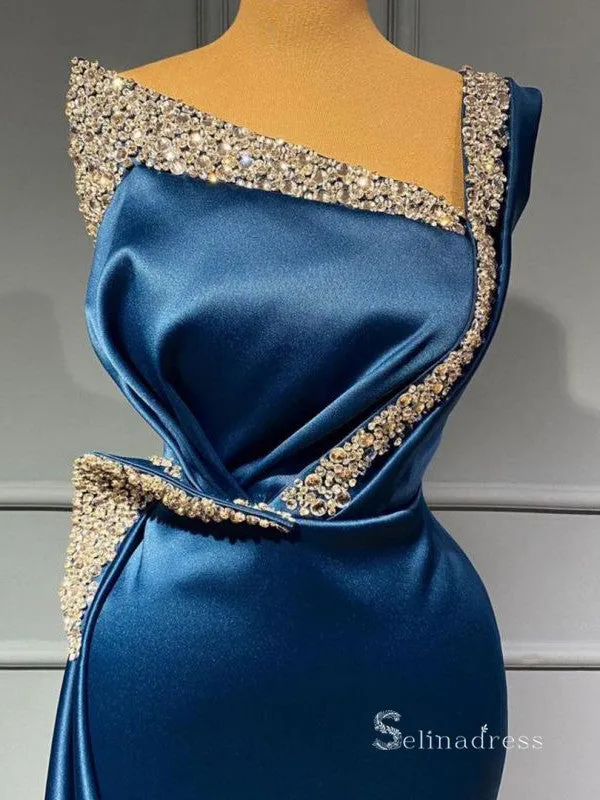 Chic Mermaid One Shoulder Long Prom Dresses Cheap Satin Evening Dresses MLH1203