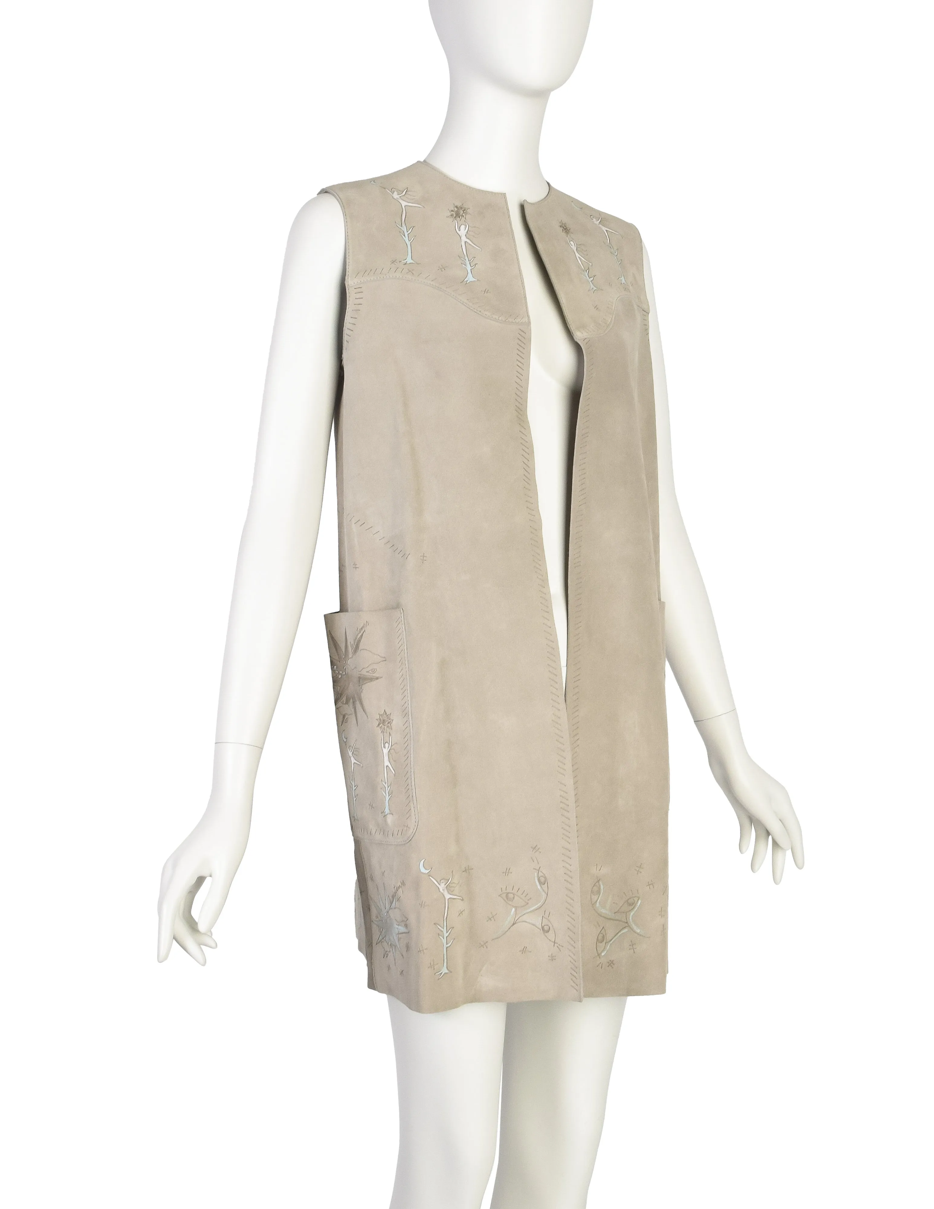 Christian Dior Pre-Fall 2017 'Le Printemps' Hand Painted Beige Suede Longline Vest