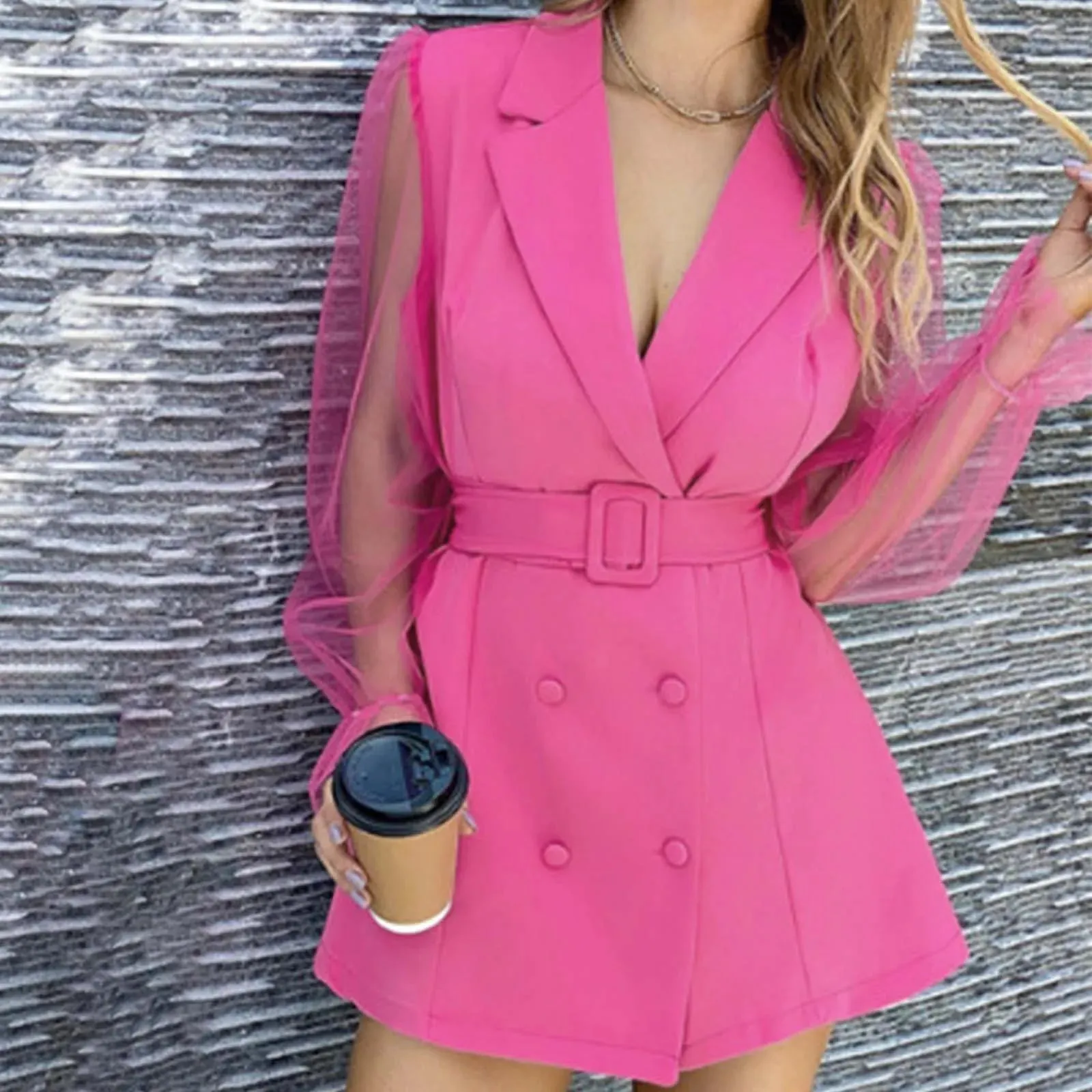 Coat With Belt Mesh Solid Color Lace Long Sleeve Chic Outerwear Casual Elegant Dress