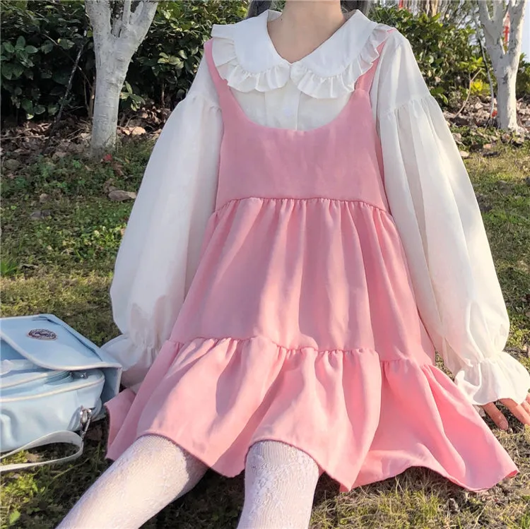 Cute white shirt   pink suspender skirt PL51833