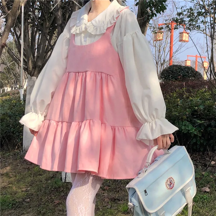 Cute white shirt   pink suspender skirt PL51833