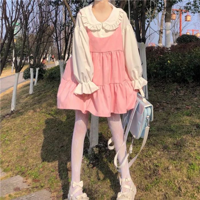 Cute white shirt   pink suspender skirt PL51833