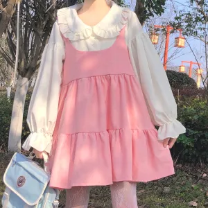 Cute white shirt   pink suspender skirt PL51833
