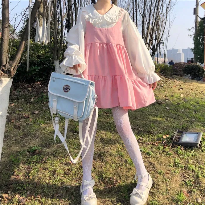 Cute white shirt   pink suspender skirt PL51833