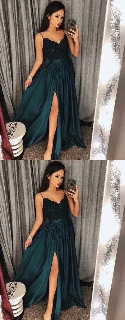 Dark Green Spaghetti Straps Chic Lace A line Prom Dresses  Long Formal Dress Evening Gowns SE006