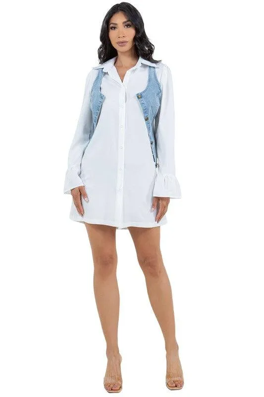 Denim Vest White Collar Dress