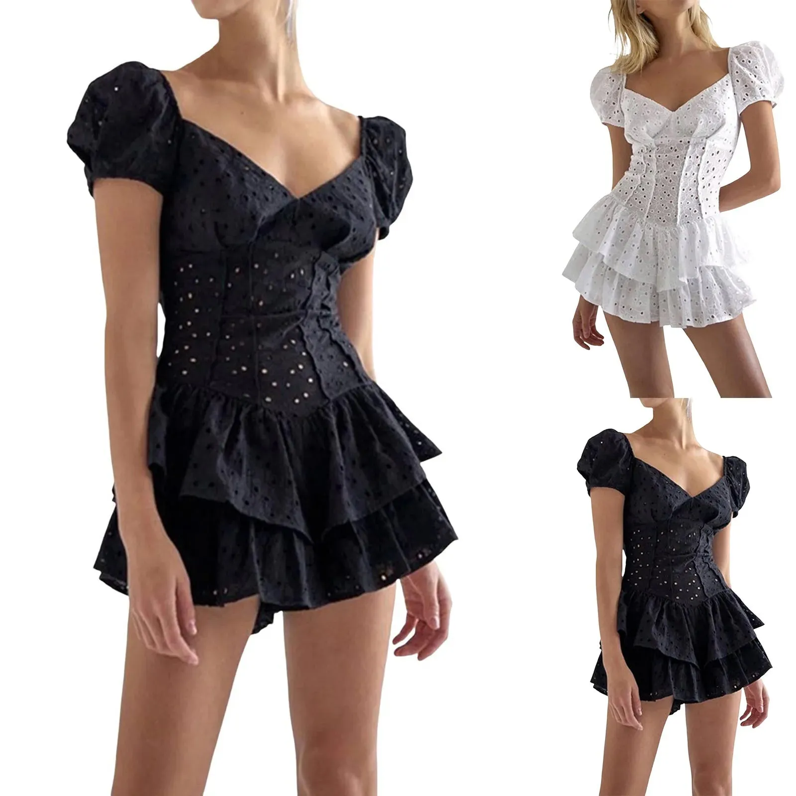 Elegant Lace Party Robe Short Sleeve Double Layer Mini Dress for Women