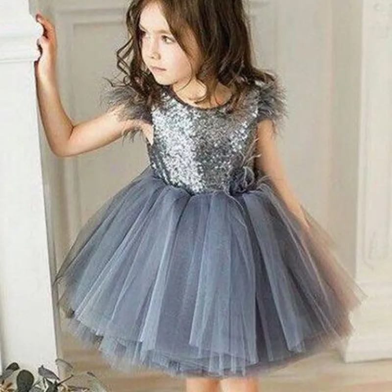 Feather Sequin Toddler Pageant Dresses Princess Tulle Tutu Girl Dress Wedding Pageant Party Baby Dresses
