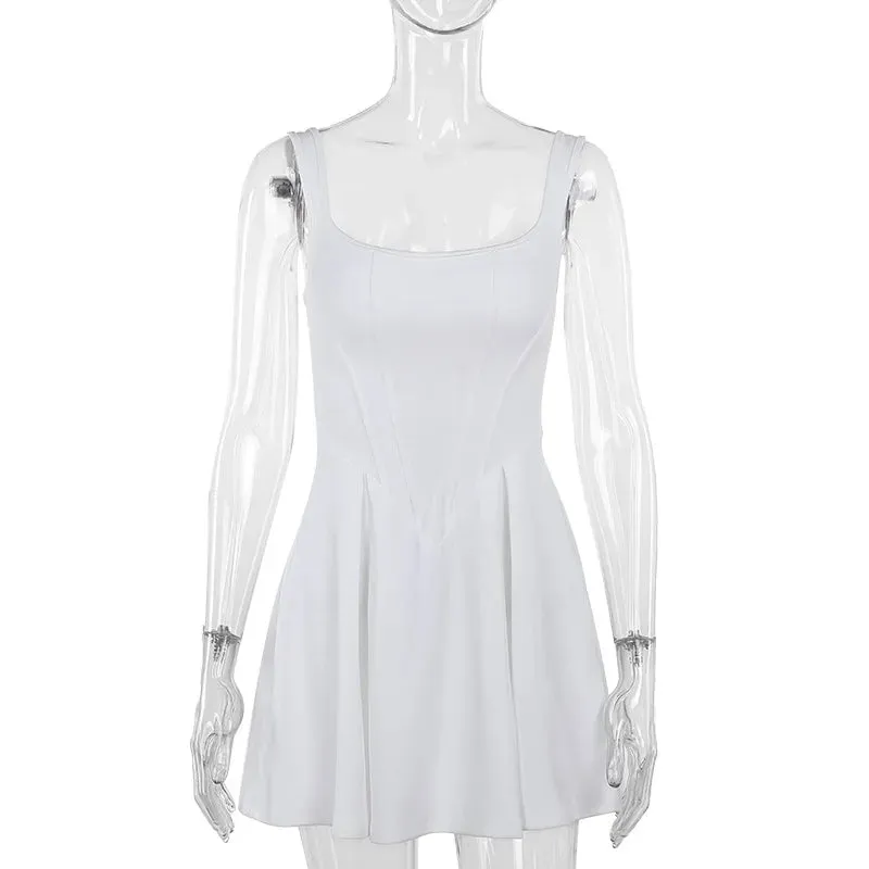Fishbone Waist Vest Mini Dress Strap Women's White Splice Sleeveless Slim Summer Sexy Spaghetti Beach Party Dress Female
