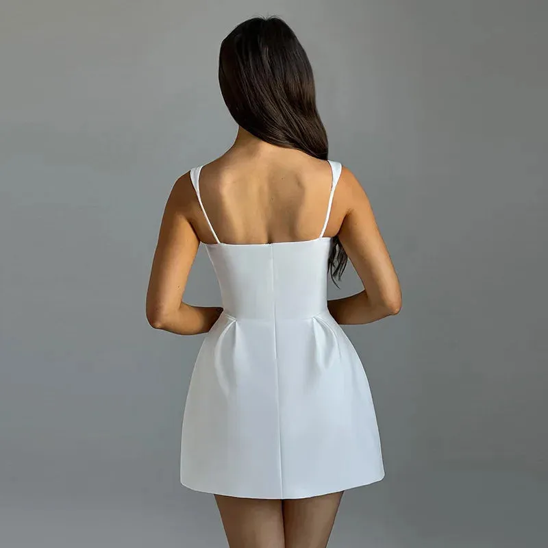 Fishbone Waist Vest Mini Dress Strap Women's White Splice Sleeveless Slim Summer Sexy Spaghetti Beach Party Dress Female