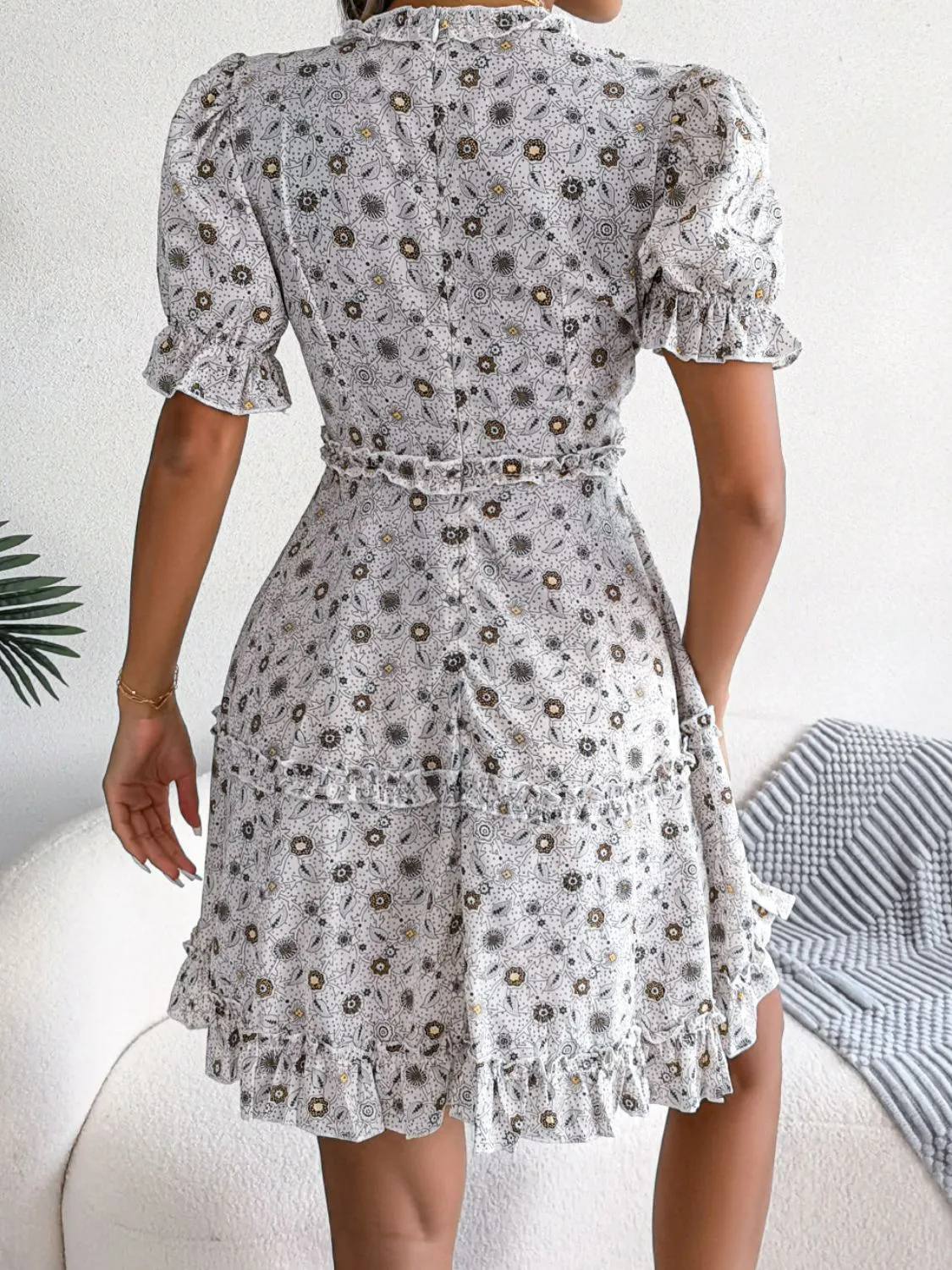 Floral Frill Trim Ruffle Hem Deep V Mini Dress