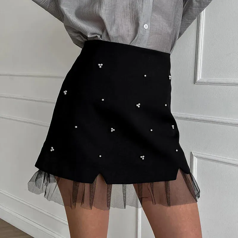 High Mini Black Sexy Club Women Mini Splice Beading Lace Party Waisted Skirt Dress