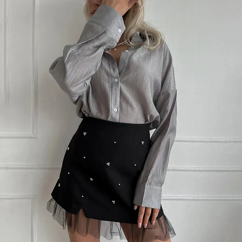 High Mini Black Sexy Club Women Mini Splice Beading Lace Party Waisted Skirt Dress