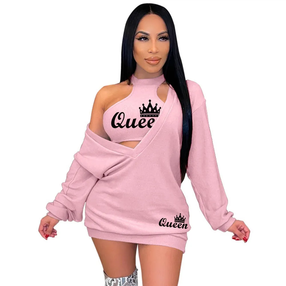 HLJ&GG Fashion Streetwear Two Piece Sets Women PINK Letter Print Crop Vest And Dress Outfits 2022 New Matching Suits Clothing