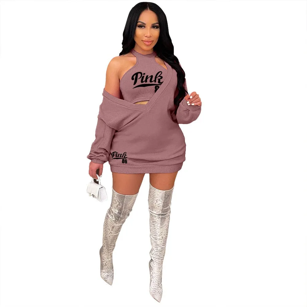 HLJ&GG Fashion Streetwear Two Piece Sets Women PINK Letter Print Crop Vest And Dress Outfits 2022 New Matching Suits Clothing