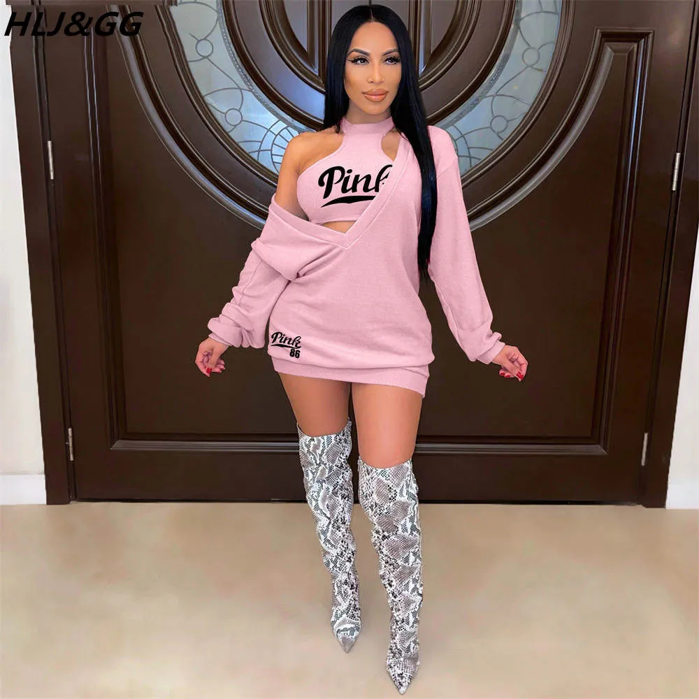 HLJ&GG Fashion Streetwear Two Piece Sets Women PINK Letter Print Crop Vest And Dress Outfits 2022 New Matching Suits Clothing
