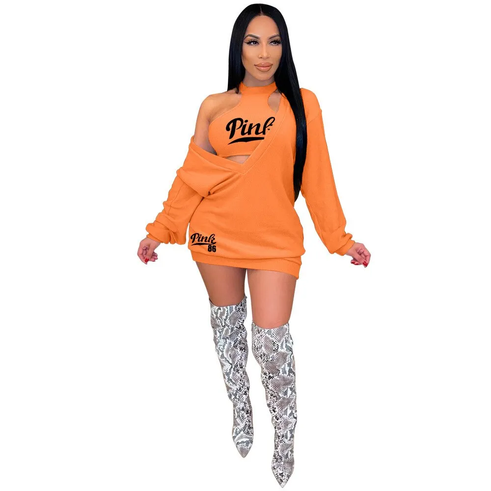 HLJ&GG Fashion Streetwear Two Piece Sets Women PINK Letter Print Crop Vest And Dress Outfits 2022 New Matching Suits Clothing