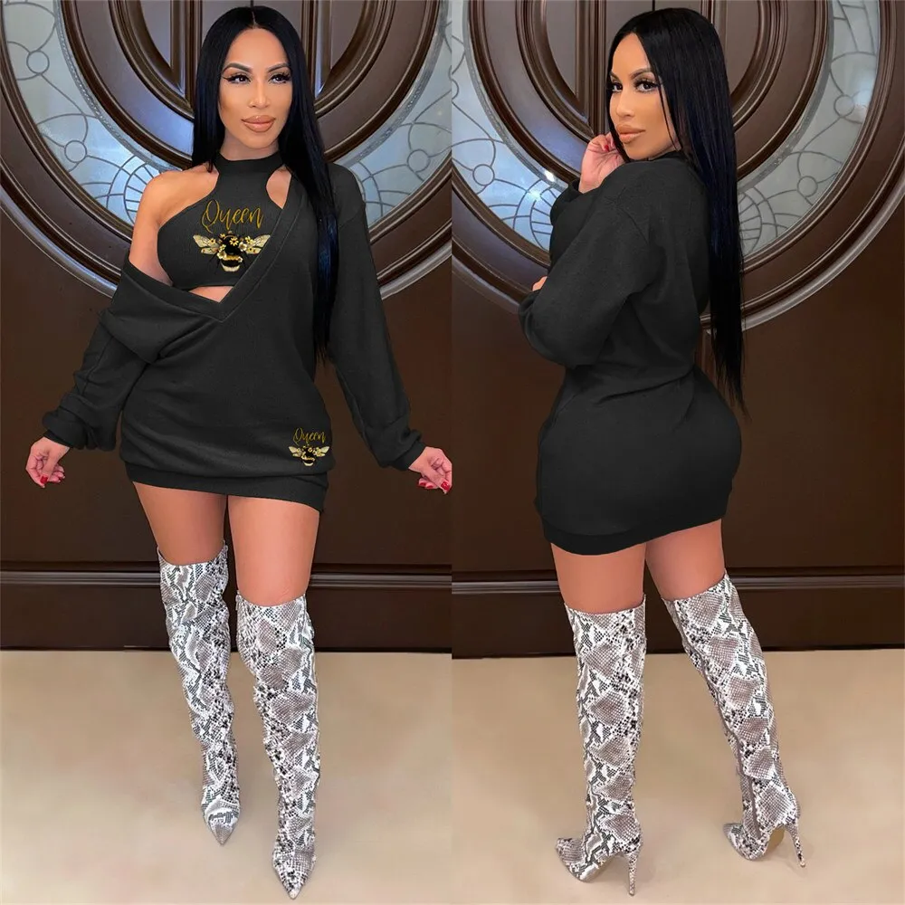 HLJ&GG Fashion Streetwear Two Piece Sets Women PINK Letter Print Crop Vest And Dress Outfits 2022 New Matching Suits Clothing