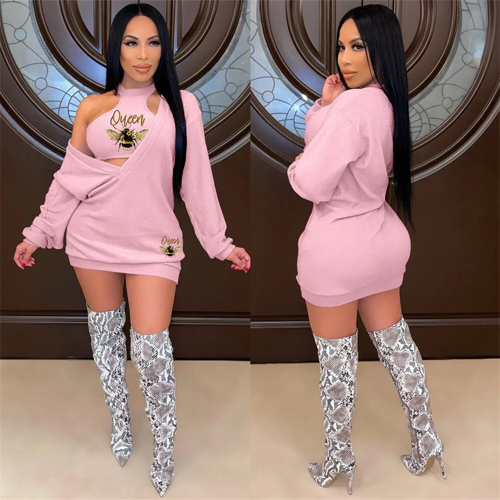 HLJ&GG Fashion Streetwear Two Piece Sets Women PINK Letter Print Crop Vest And Dress Outfits 2022 New Matching Suits Clothing